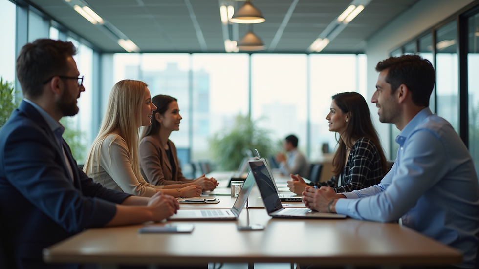 Eye-level view of a dynamic brainstorming session in a bright office