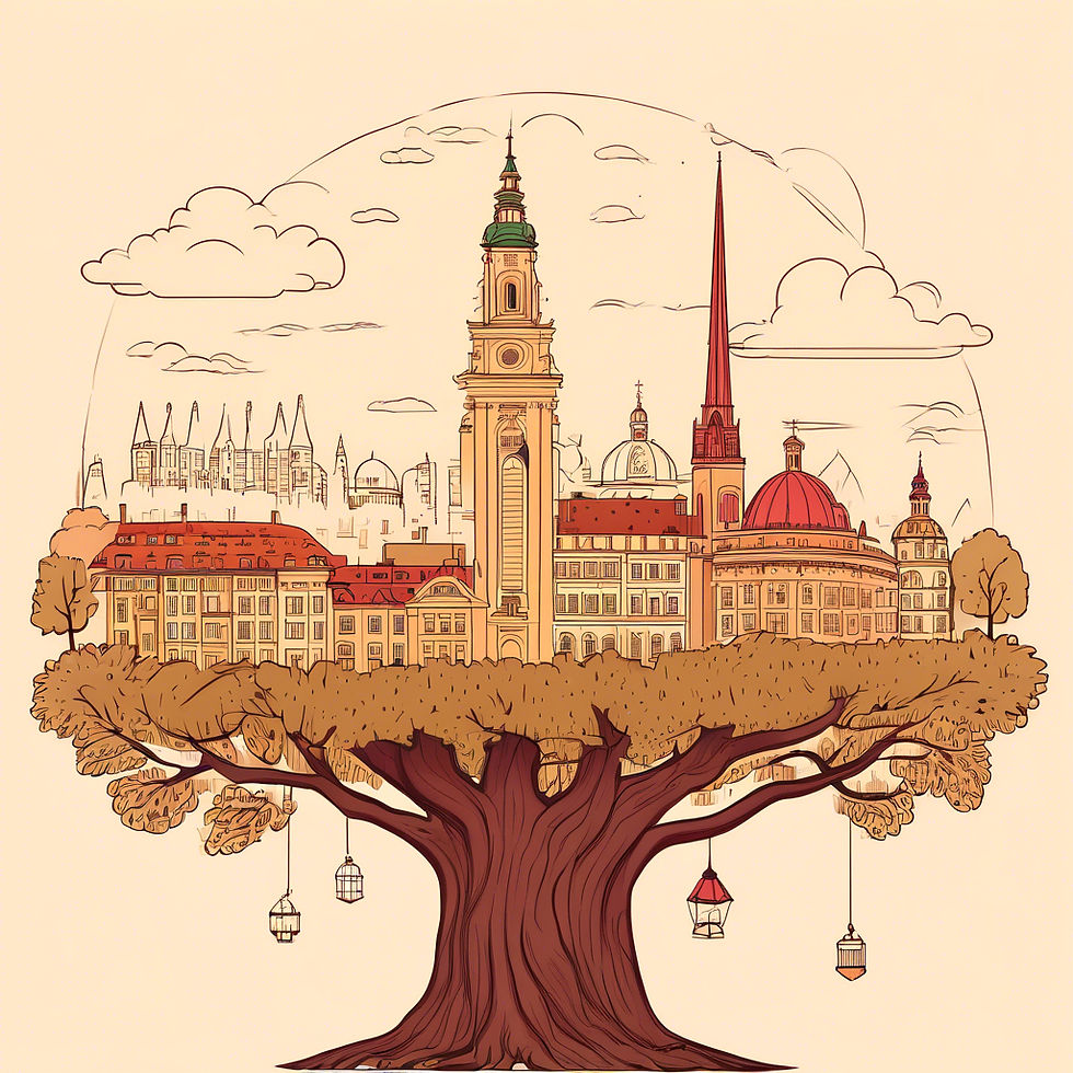 city skyline like vienna but the city sits on a tree with roots .jpg