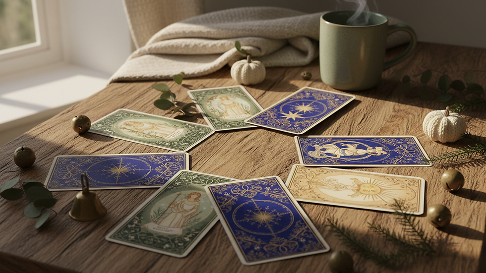 Eye-level view of a tarot deck laid out on a wooden table