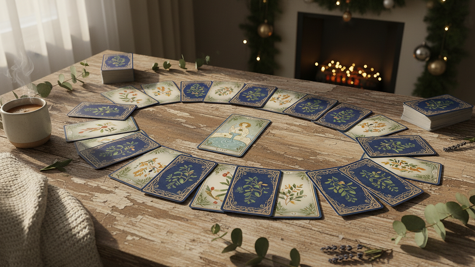 Eye-level view of a tarot deck spread on a wooden table
