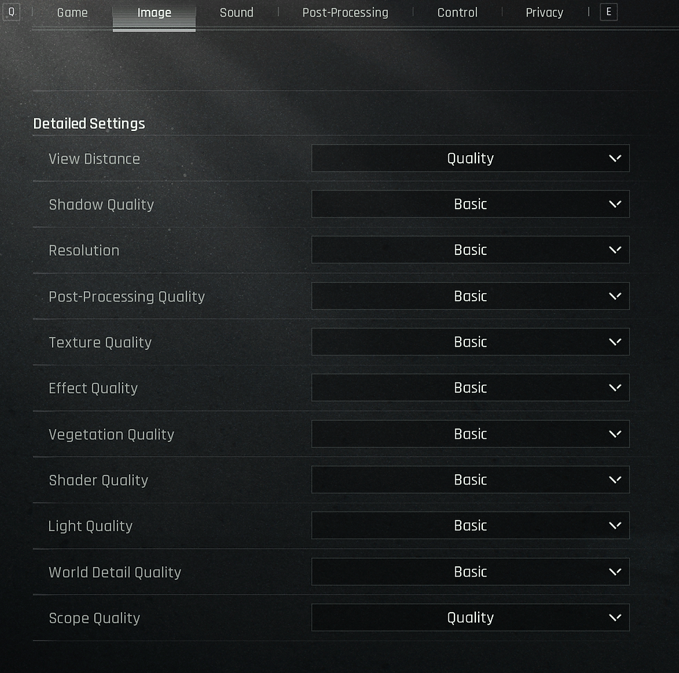 Feel free to up the Resolution, Texture Quality and Shader Quality if you want the game to look better. Basic will offer best performance/latency