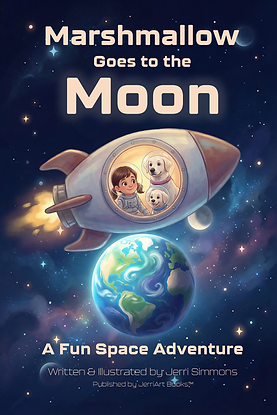 Cover of Marshmallow Goes to the Moon by JerriArt Books featuring Marshmallow, Cream Cheese, and Jerri on a space adventure.