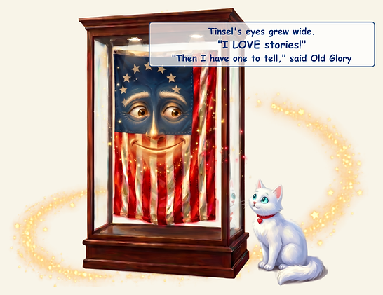 Tinsel the Cat Meets the Flag That Could Talk, a USA 250 children's picture book featuring Tinsel the Cat and a friendly American flag inside a museum.