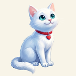 Character portrait of Tinsel the Cat™, the curious white cat from JerriArt Books®.