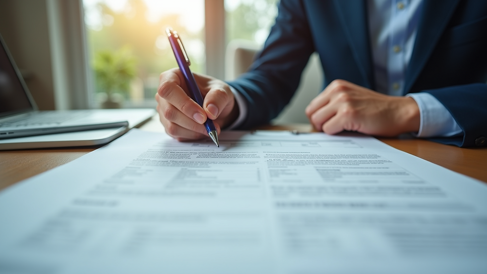Eye-level view of a person reviewing insurance documents on a table