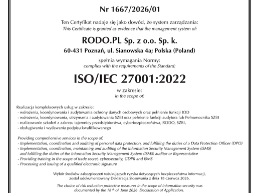 Rodo.pl z certyfikatem ISO/IEC 27001!