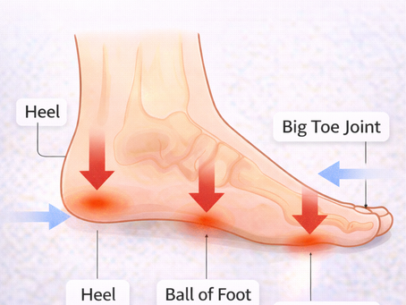 Foot Pressure and friction points showing heel, ball of foot and big toe joint where calluses commonly form