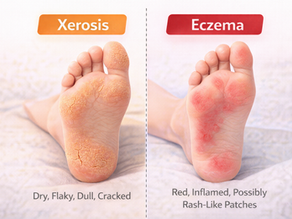 Comparison of xerosis vs eczema on the foot showing dry cracked skin verses red inflammed irritated skin