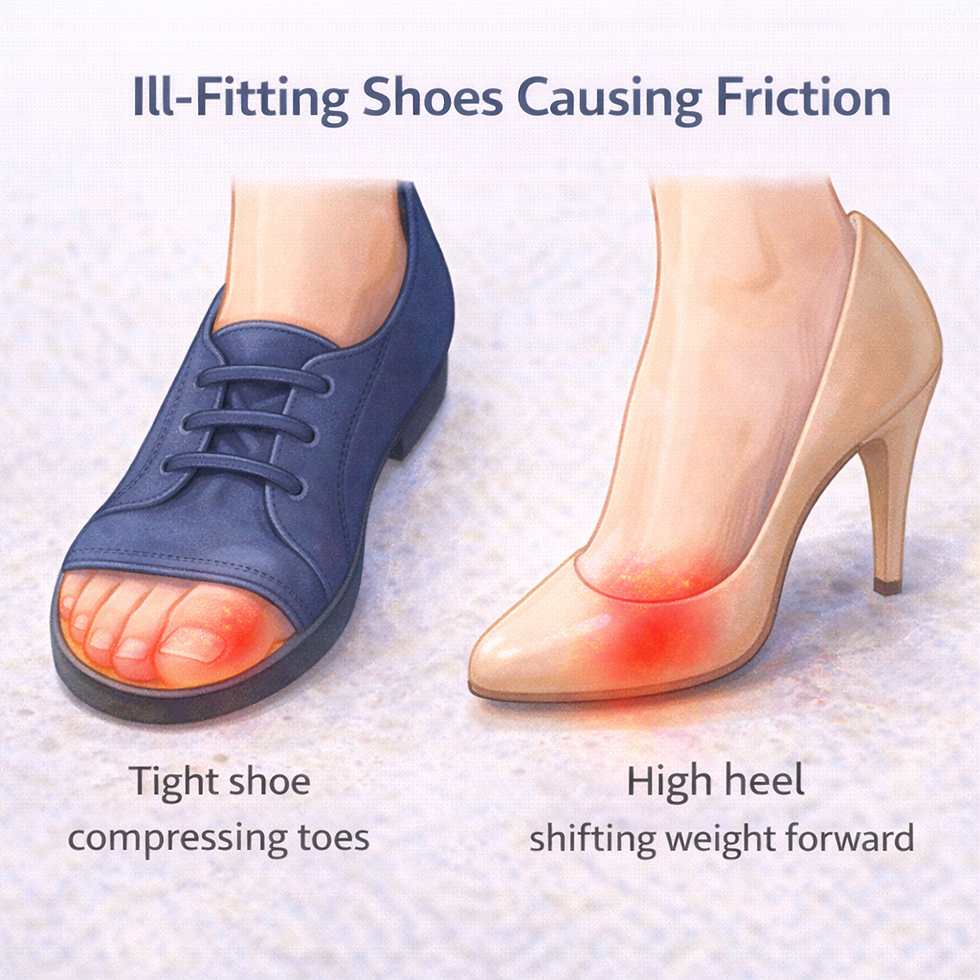Illustration showing tight footwear compressing toes and contributing to corn and callus formation.