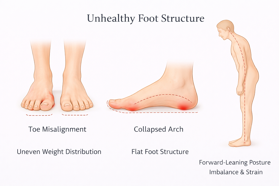 Illustration showing unhealthy foot structure, including toe misalignment, collapsed arch, uneven weight distribution and posture imbalance.