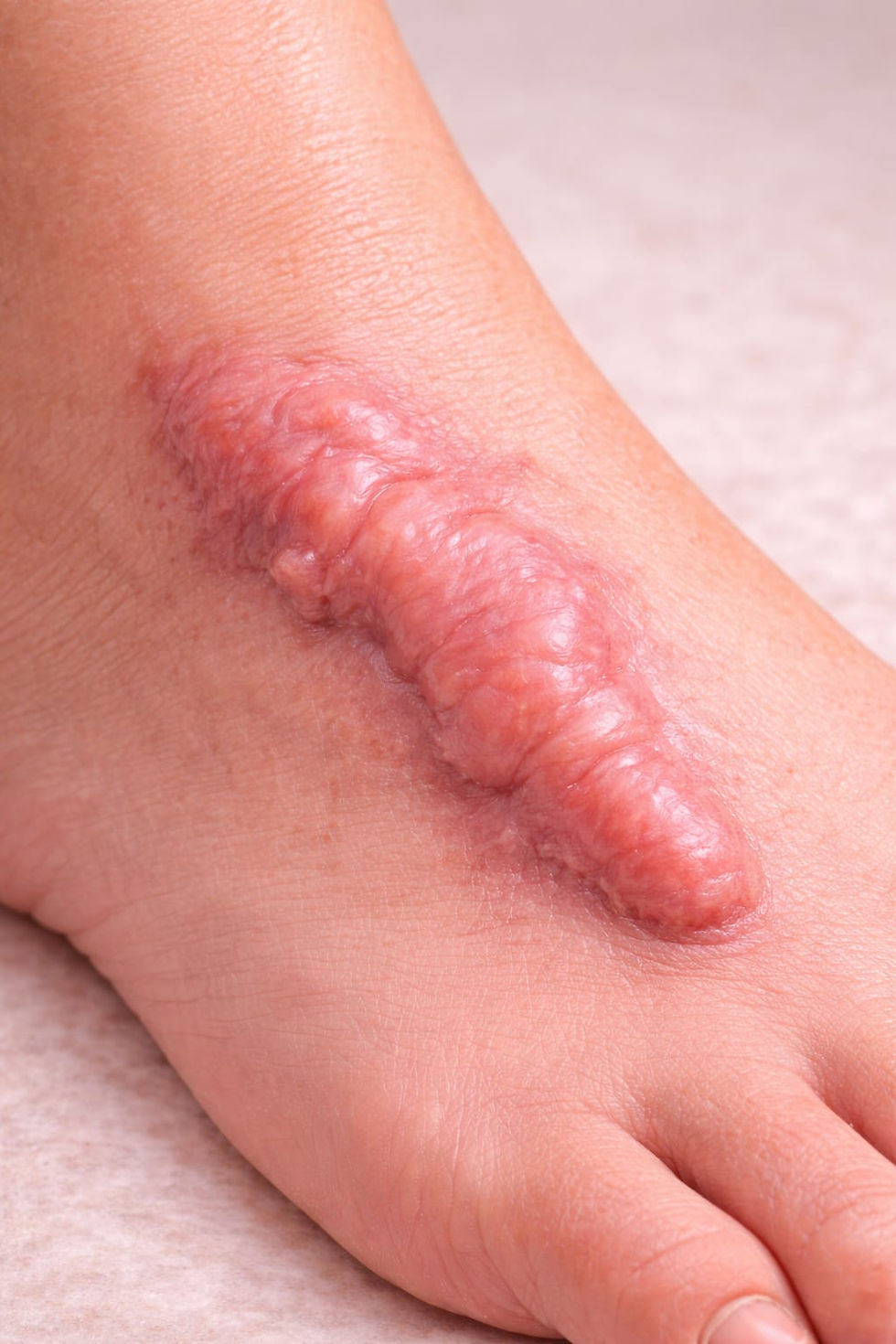Keloid scar on foot with raised, firm scar tissue caused by excessive collagen growth after skin injury