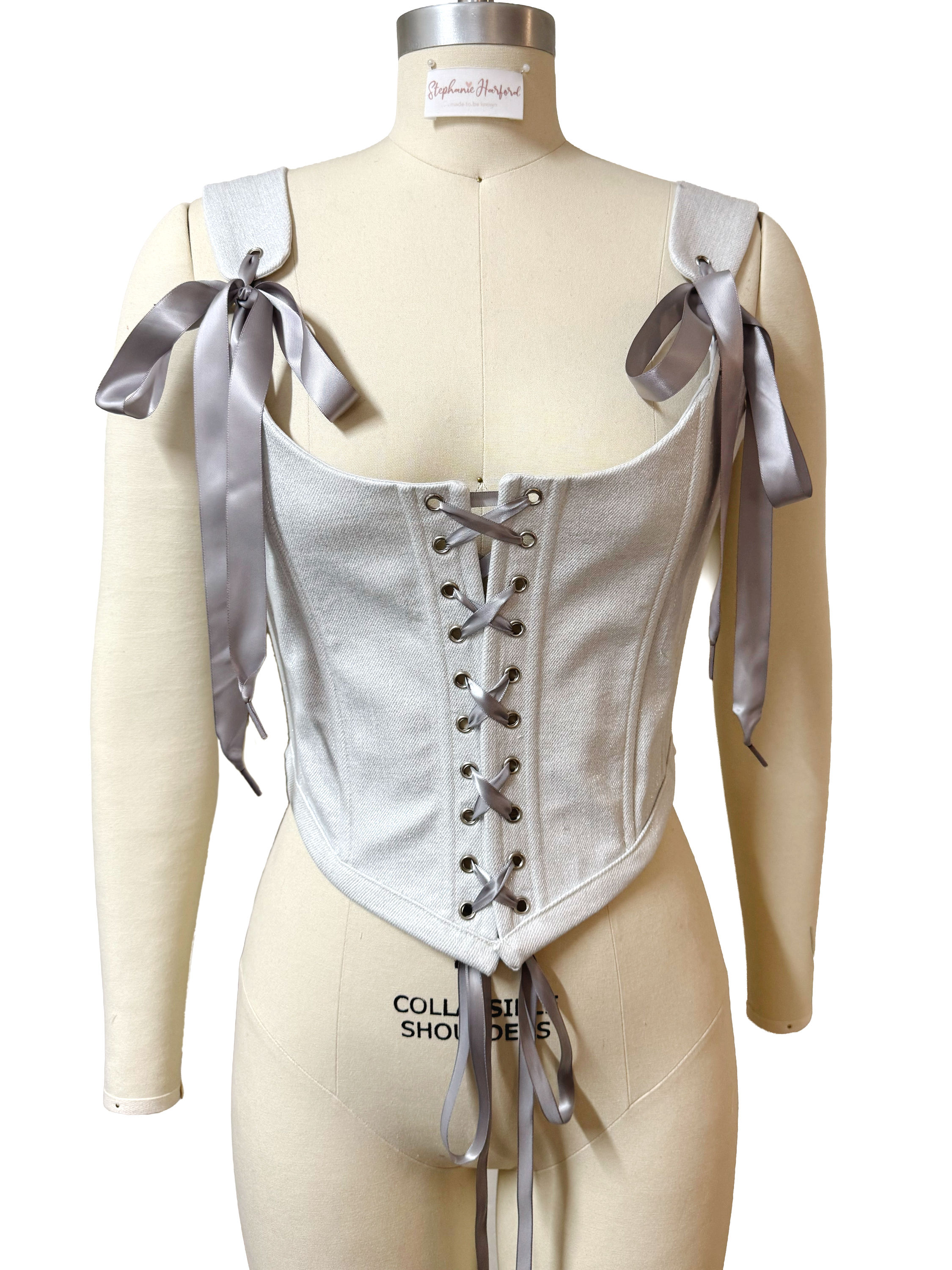 The Sparkly Silver Denim Corset Top – 1-of-1 Handmade Stays (Size S/M)