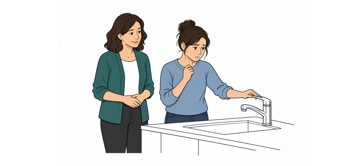 Therapist calmly watching a woman hesitantly touch a kitchen tap during exposure therapy