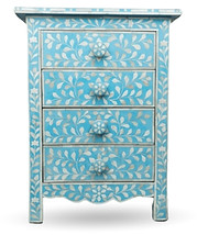 MOP Inlay 4 Drawer Bedside Table in Floral Blue