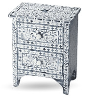 MOP Inlay 2 Drawer Bedside Table in Floral Blue White Resine