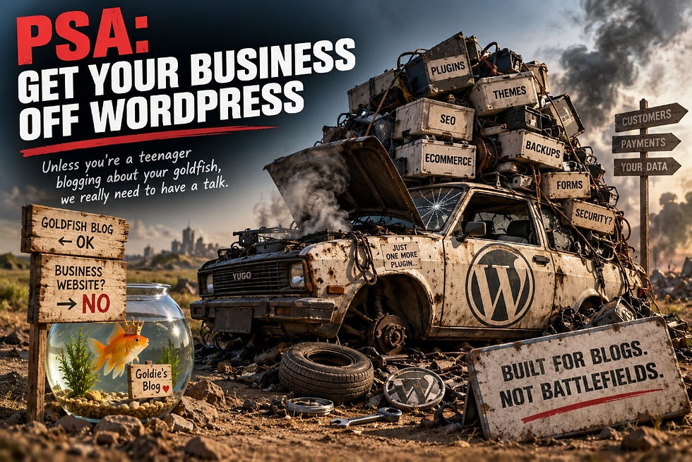 PSA: Get Your Business Off WordPress — a wrecked Yugo overloaded with plugin crates (Themes, SEO, Ecommerce, Backups, Forms, Security) sits smoking next to Goldie the goldfish's safe little blog.