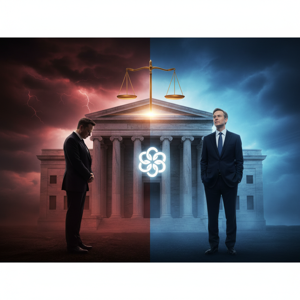 Elon Musk vs Sam Altman OpenAI lawsuit verdict 2026 — courthouse dramatic split scene