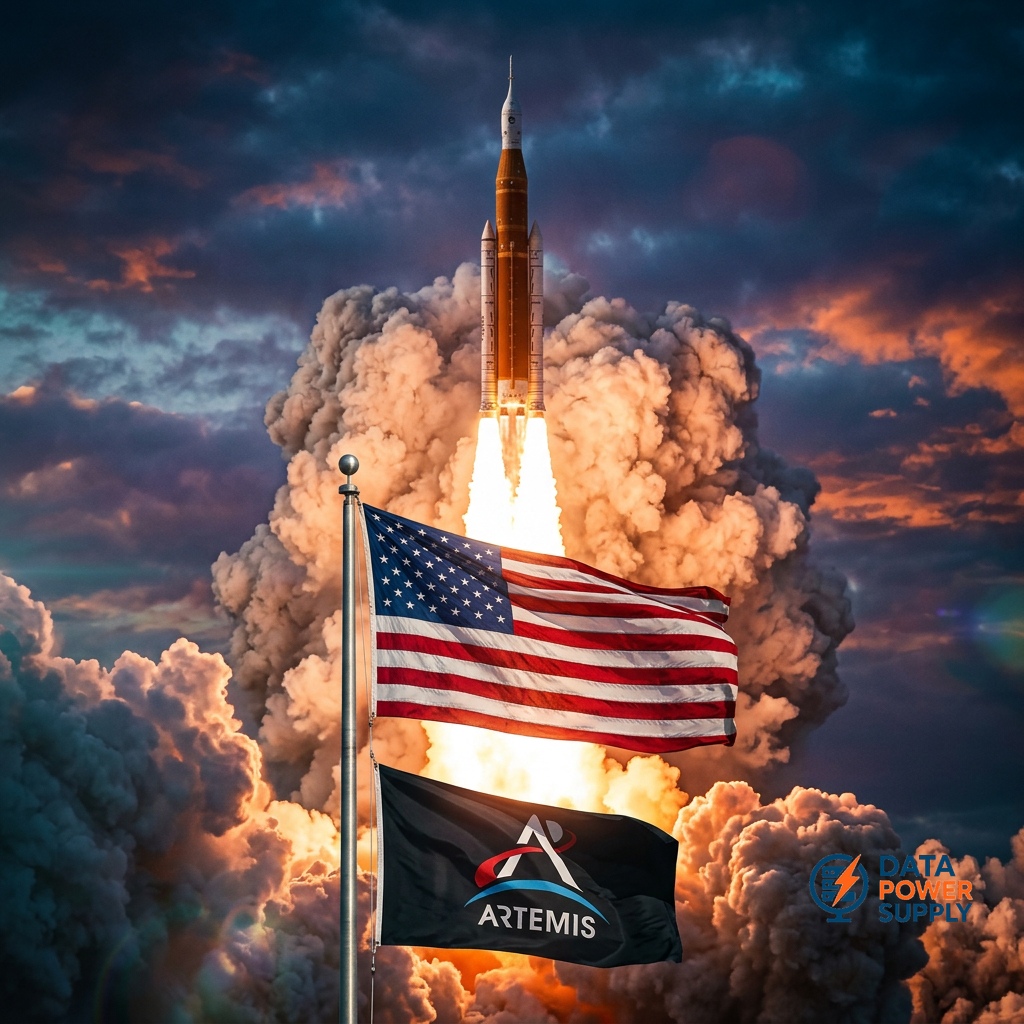 NASA Artemis rocket launch with Data Power Supply branding