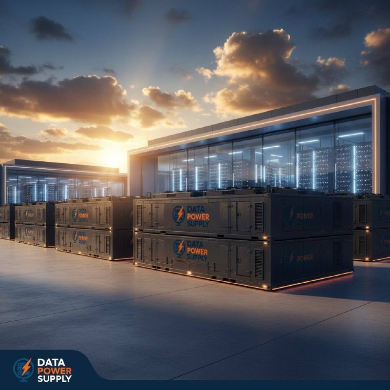 Data Power Supply 3200kW modular natural gas generators powering AI data center — golden hour