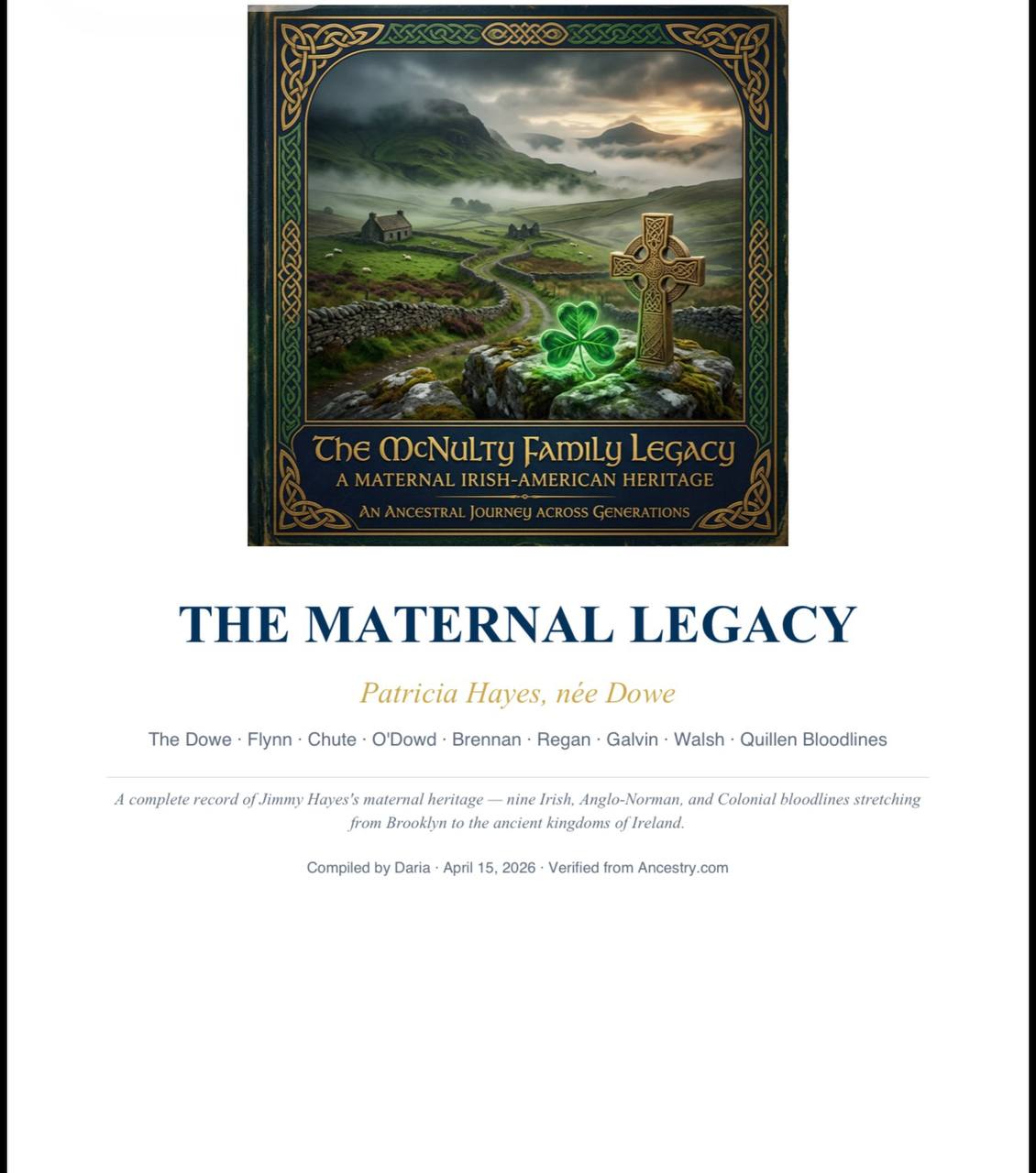 The Hayes Family Legacy document — nine bloodlines compiled from Ancestry.com records