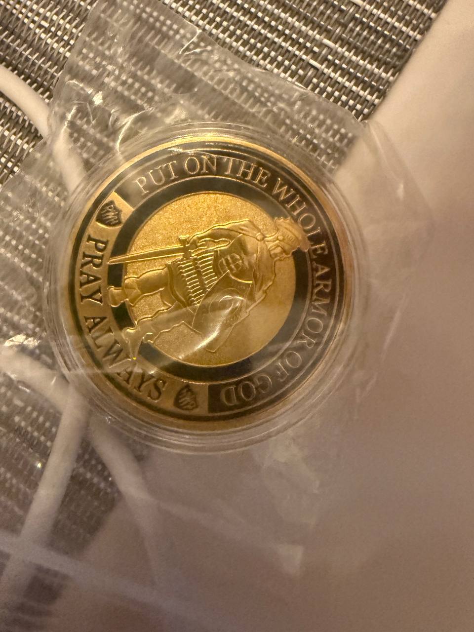 Armor of God coin — front: Put on the Whole Armor of God, Pray Always