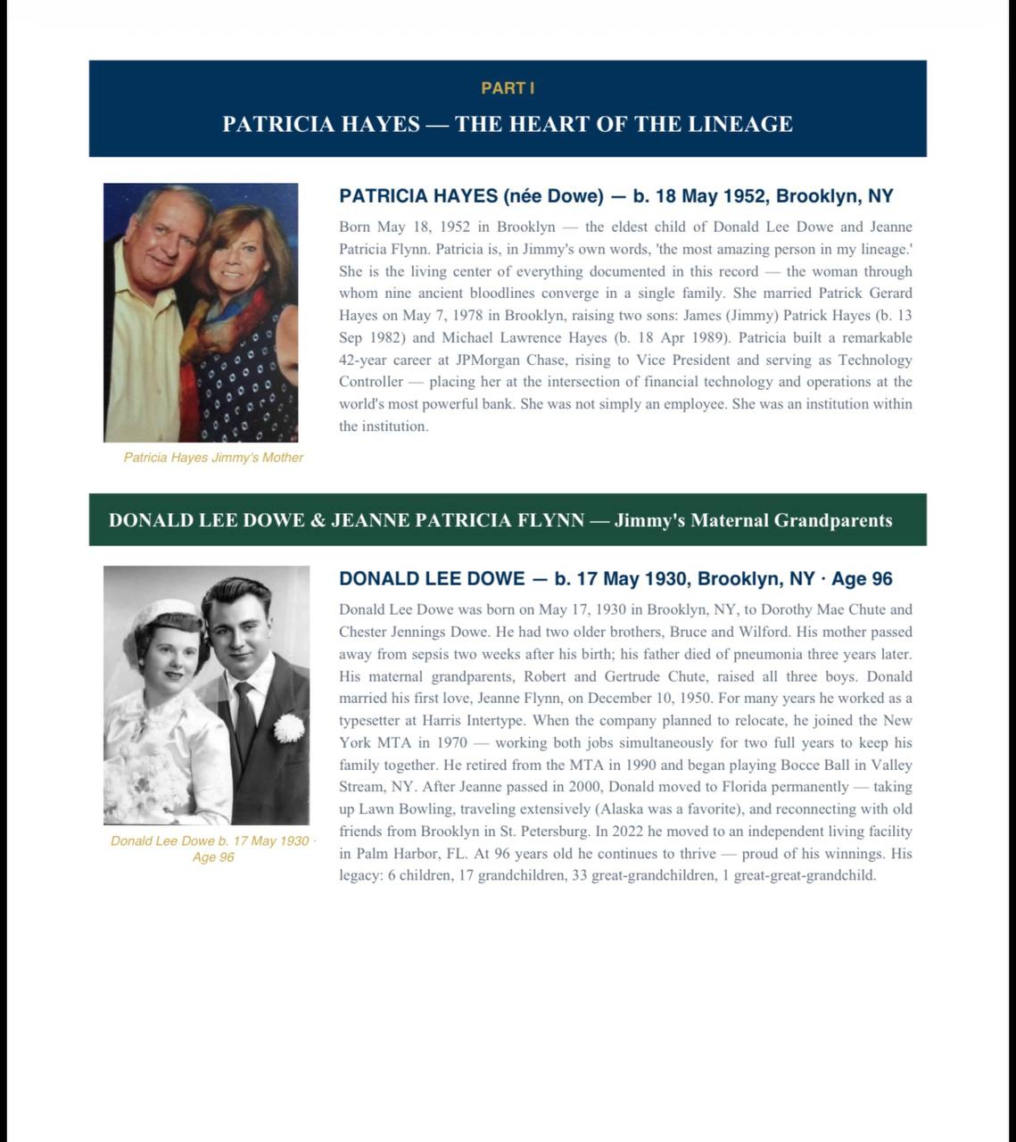 From the family legacy document — Patricia Hayes and Donald Lee Dowe