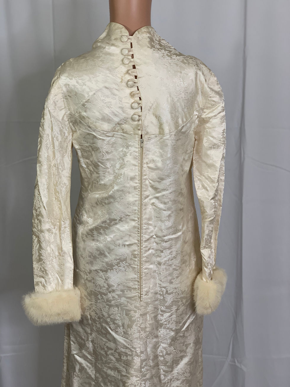 Thumbnail: Vintage 60s Brocade Maxi Dress with Faux Fur Cuffs