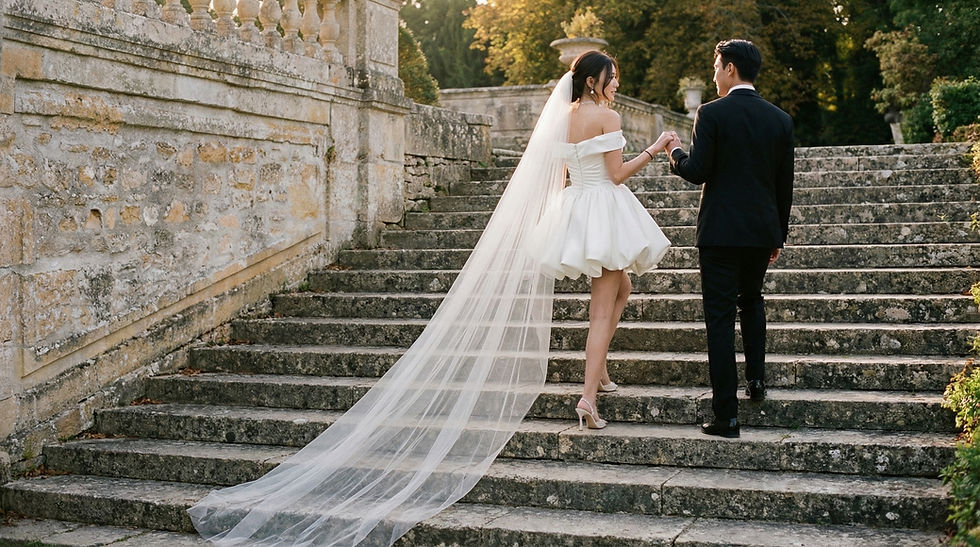 Bride in short dress, long veil ascends stone stairs with groom.