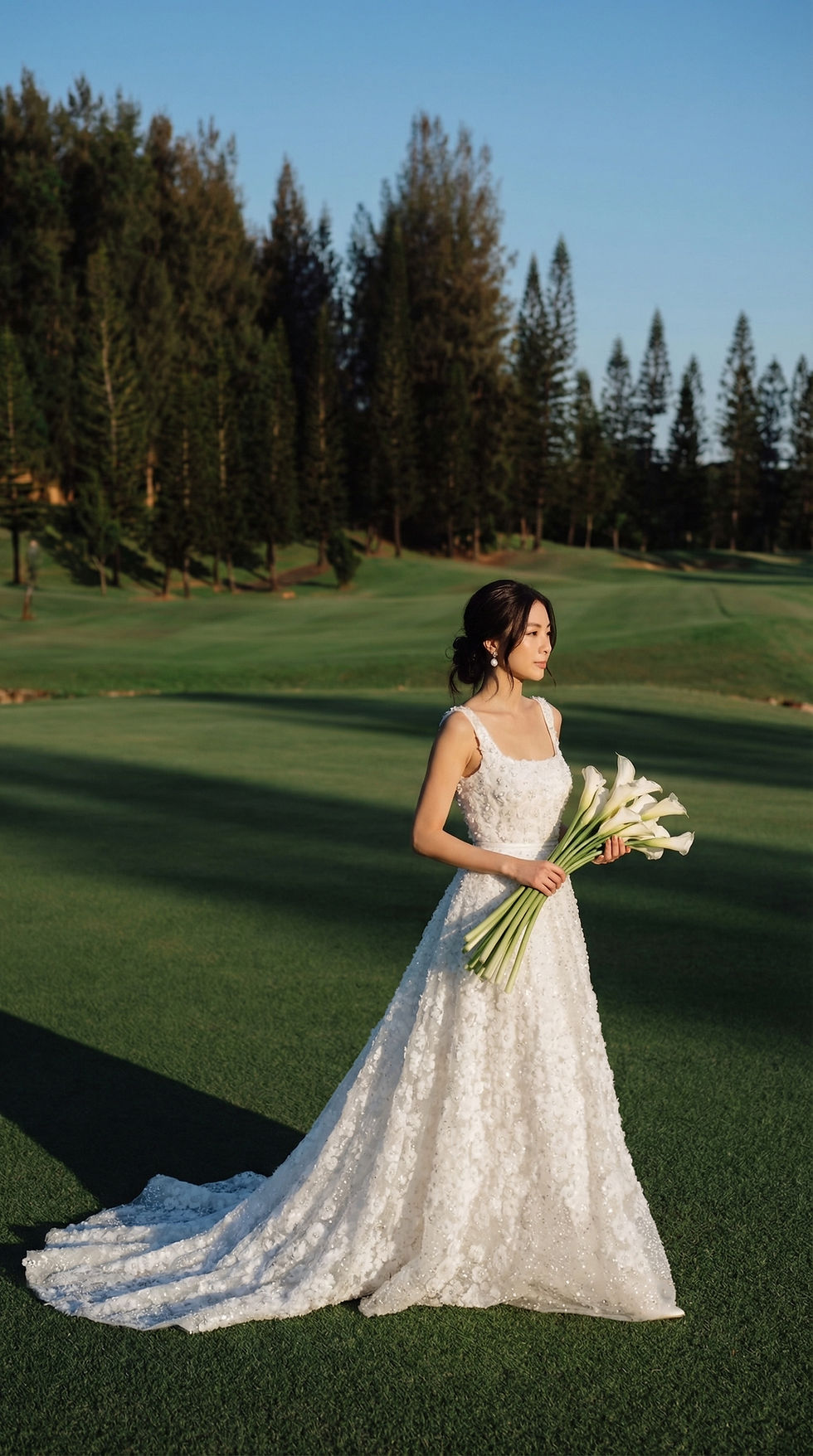 Elegant bride holding white calla lilies on a sunny golf course.