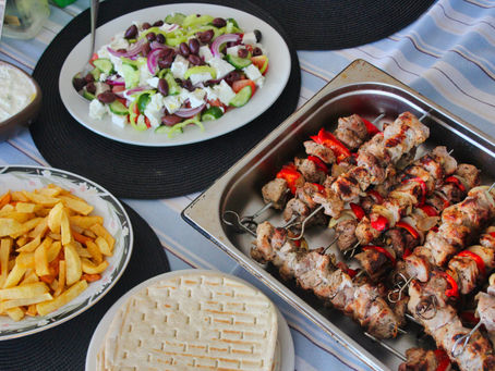 Traditional Greek Pork Souvlakia, Chips, Greek Salad & Tzatziki 