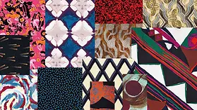 Collection of modern Italian fabric swatches featuring bold botanical prints, vibrant colors, and artistic patterns in a mix of woven textiles inspired by Mediterranean fashion and luxury interior design.
