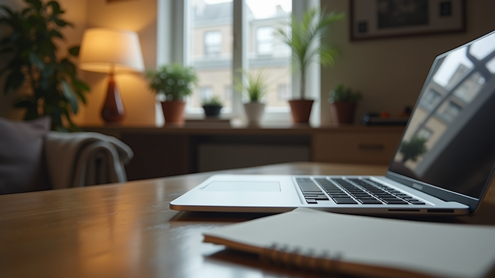 Eye-level view of a cozy workspace with a laptop and a notebook