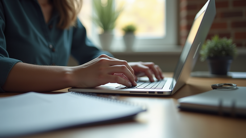 Eye-level view of a person typing on a laptop with a notepad beside them