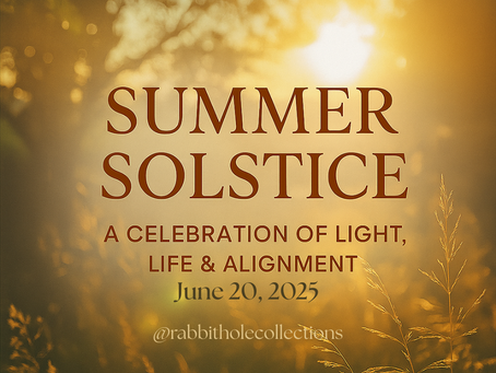 Sunlight streaming through trees over a golden summer field with text overlay: Summer Solstice – A Celebration of Light, Life & Alignment by Rabbit Hole Collections.