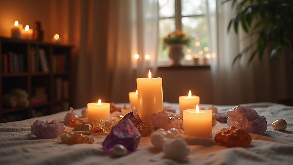 Eye-level view of a serene room with candles and crystals arranged for a psychic session