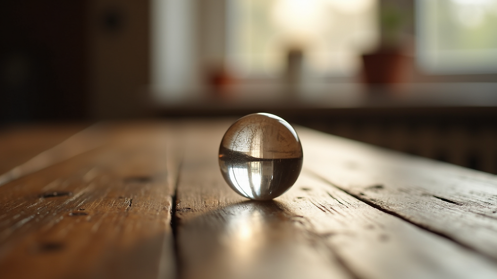 Close-up view of a crystal ball on a wooden table