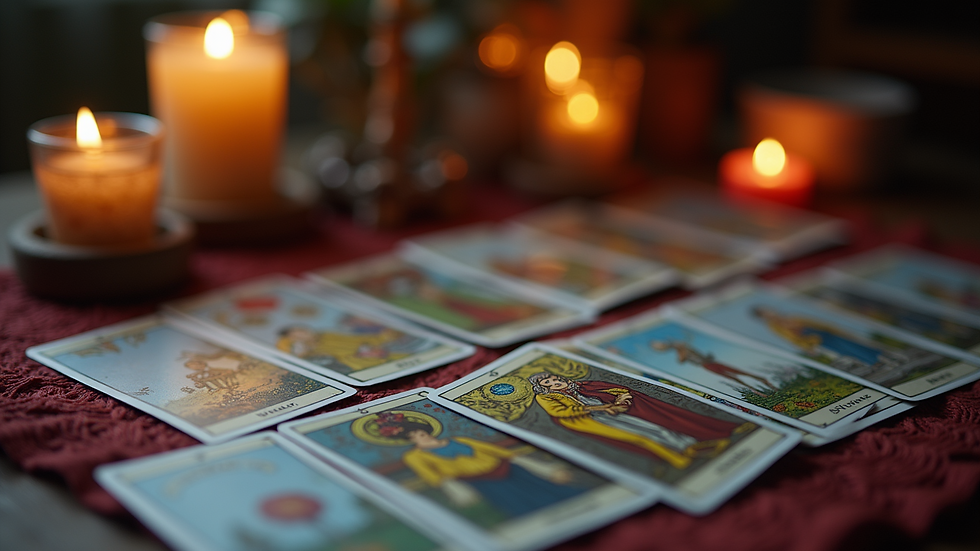 Close-up view of tarot cards on a table for psychic readings