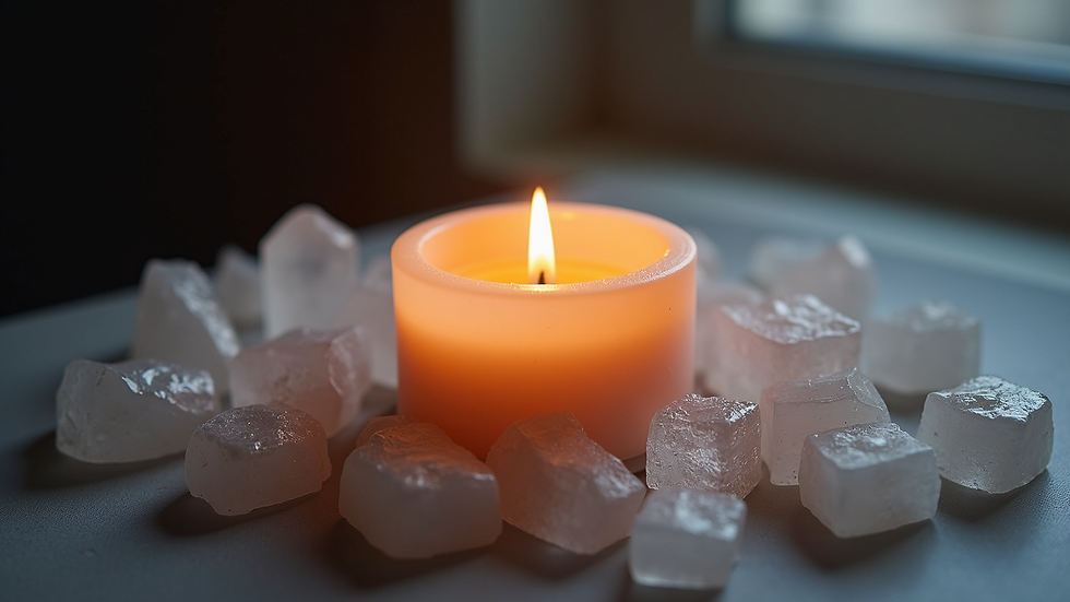 Close-up view of a lit candle surrounded by crystals