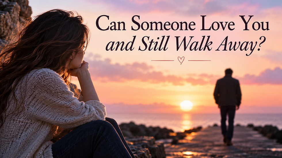 Woman sits by rocky seaside at sunset while a man walks away; text reads Can Someone Love You and Still Walk Away?