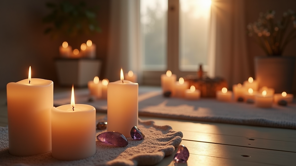Close-up view of a meditation space with candles and crystals