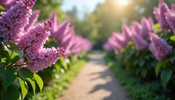 Eye-level view of a garden path lined with lilac bushes in full bloom
