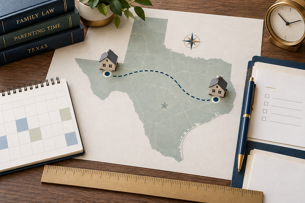 Texas map showing distance between two households for parenting-time schedule planning