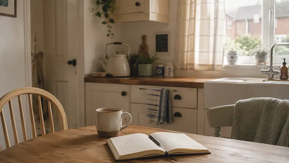Quiet British kitchen in soft morning light with a mug and notebook representing calm in a dementia caregiving routine.