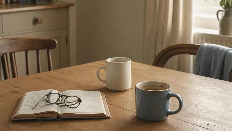 Two mugs and a notebook on a quiet wooden table representing small moments of calm in caregiving.