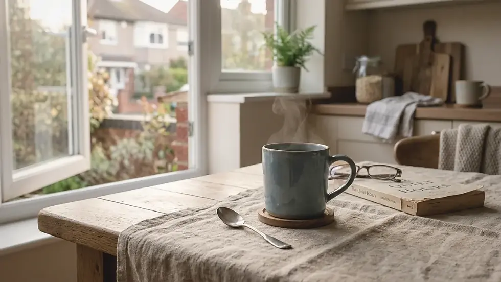 Steaming blue mug, spoon, glasses, and The Quiet Hours book on a linen-covered table by an open kitchen window.