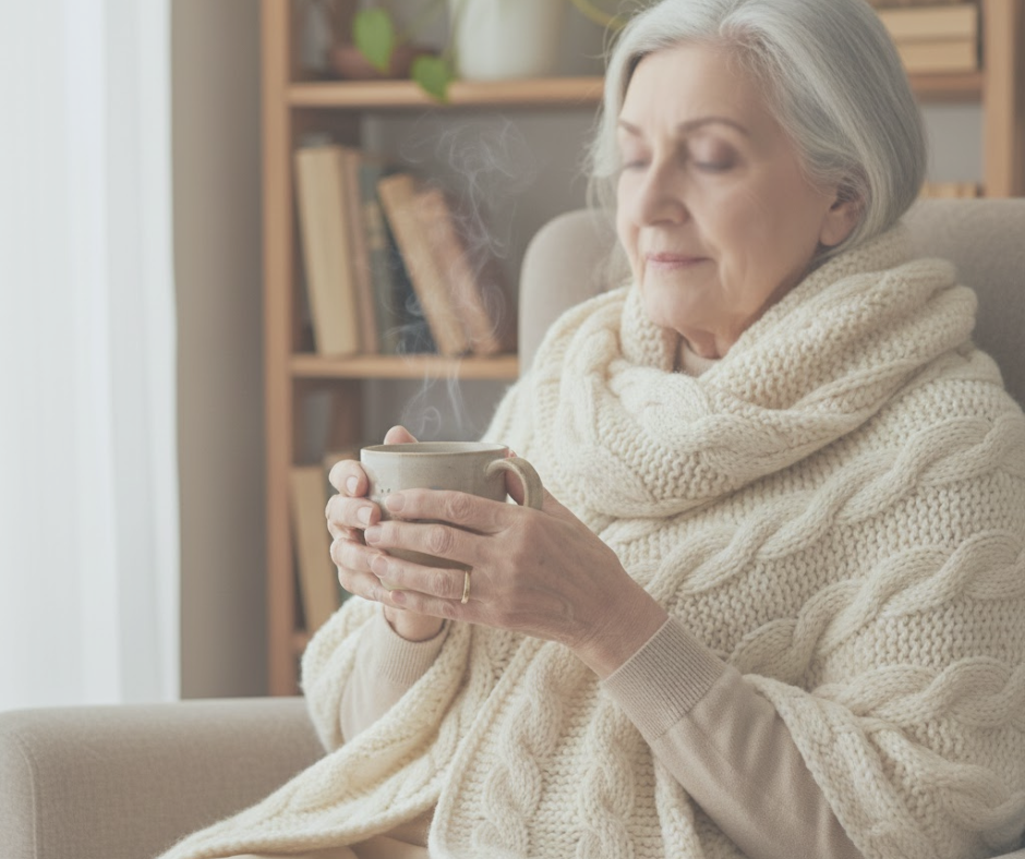 An older woman with grey hair sitting in a chair, wrapped in a thick cream-colored cable-knit blanket, holding a steaming ceramic mug with both hands.