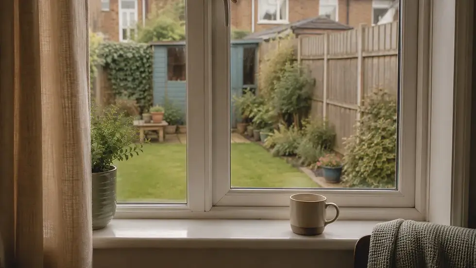 Mug on a windowsill overlooking a small British garden, symbolising a quiet moment of calm during dementia caregiving.