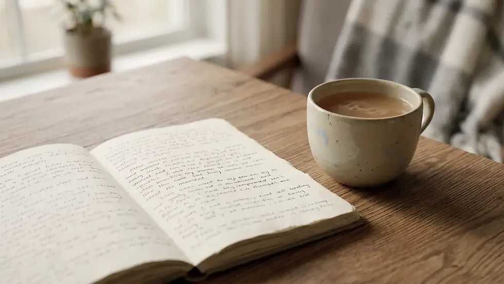 Open notebook with handwritten notes beside a mug of coffee on a wooden table in a cozy, softly lit room.