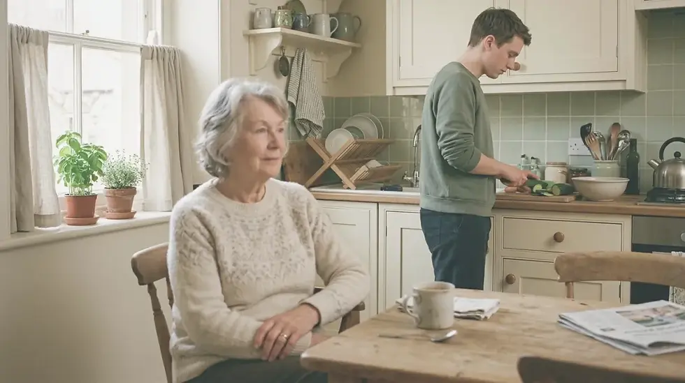 Older woman sits at a kitchen table while a young man chops vegetables in a bright, cozy kitchen with potted plants.