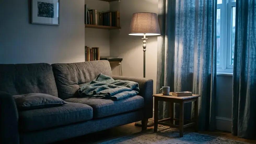 Cozy living room with a grey sofa, blanket, and pillow. A lit lamp beside a small table with a mug and book. Blue curtains and bookshelf.